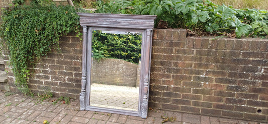 Beautifully Upcycled Massive French Carved Over Mantel Mantle Mirror Light Grey Blue