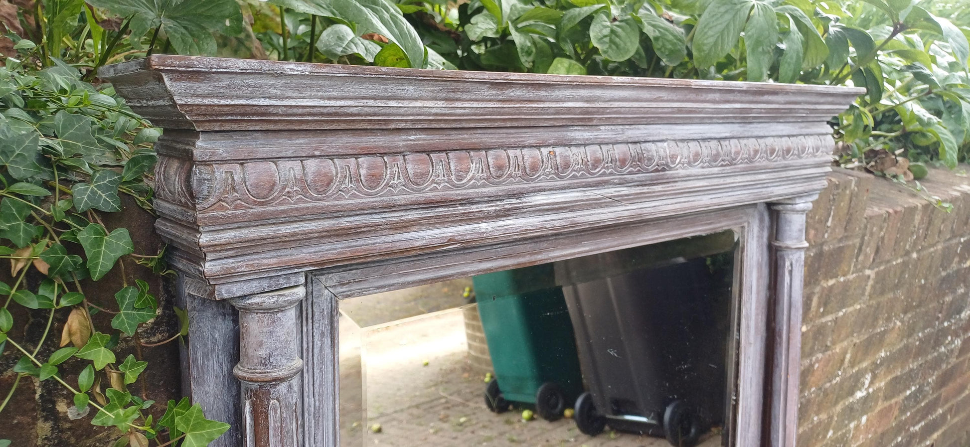 Beautifully Upcycled Massive French Carved Over Mantel Mantle Mirror Light Grey Blue