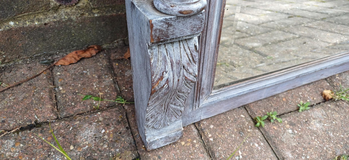 Beautifully Upcycled Massive French Carved Over Mantel Mantle Mirror Light Grey Blue