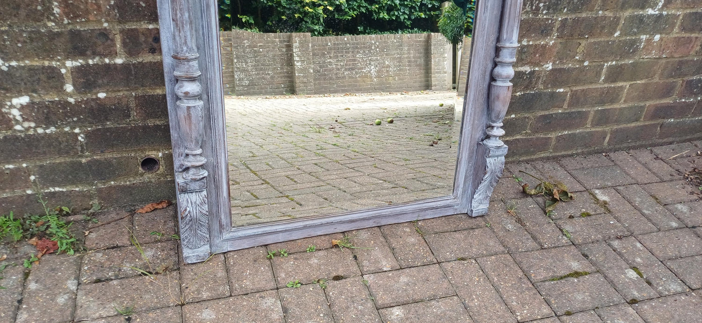 Beautifully Upcycled Massive French Carved Over Mantel Mantle Mirror Light Grey Blue