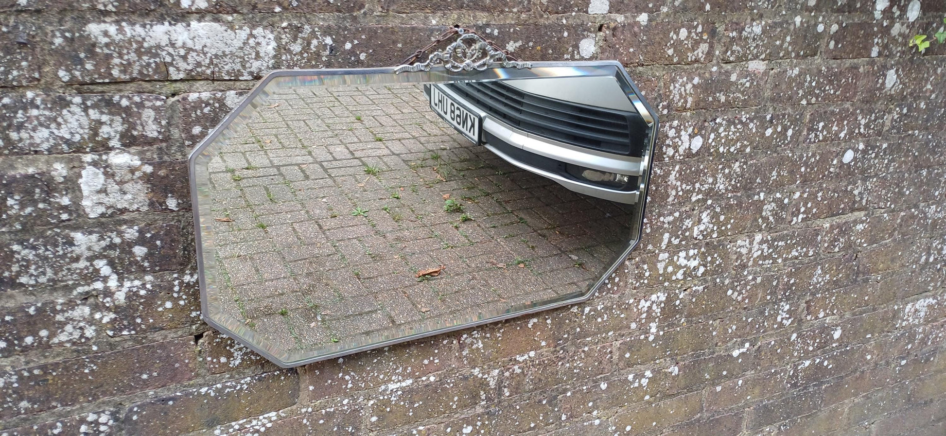 Vintage Hexagonal Oval Mirror Chrome Frame and Motif Art Deco.