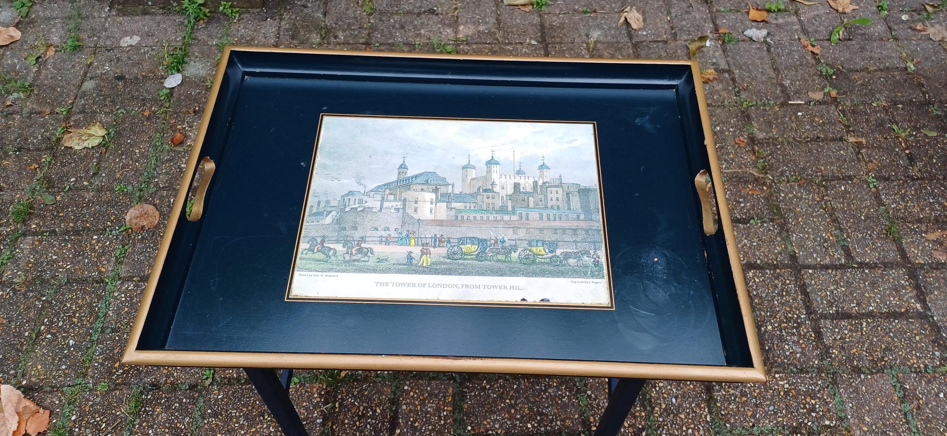 Useful Vintage 60s Style Folding Utility Coffee Side Occasional Table The Tower of London Motif.