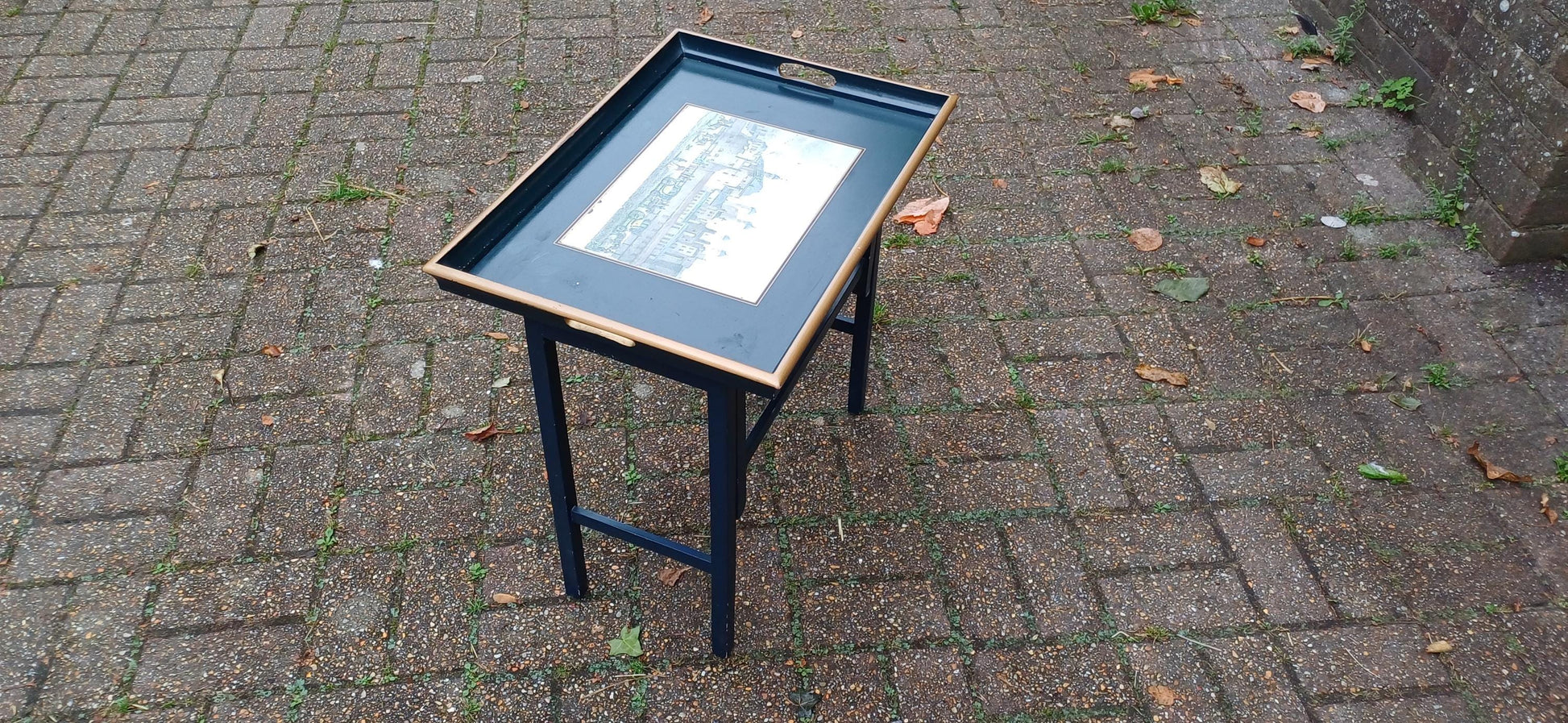 Useful Vintage 60s Style Folding Utility Coffee Side Occasional Table The Tower of London Motif.