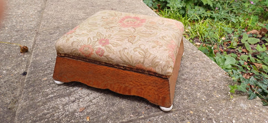 Vintage Victorian Upholstered European Footstool Stool Porcelain Feet Flower Floral Upholstry.