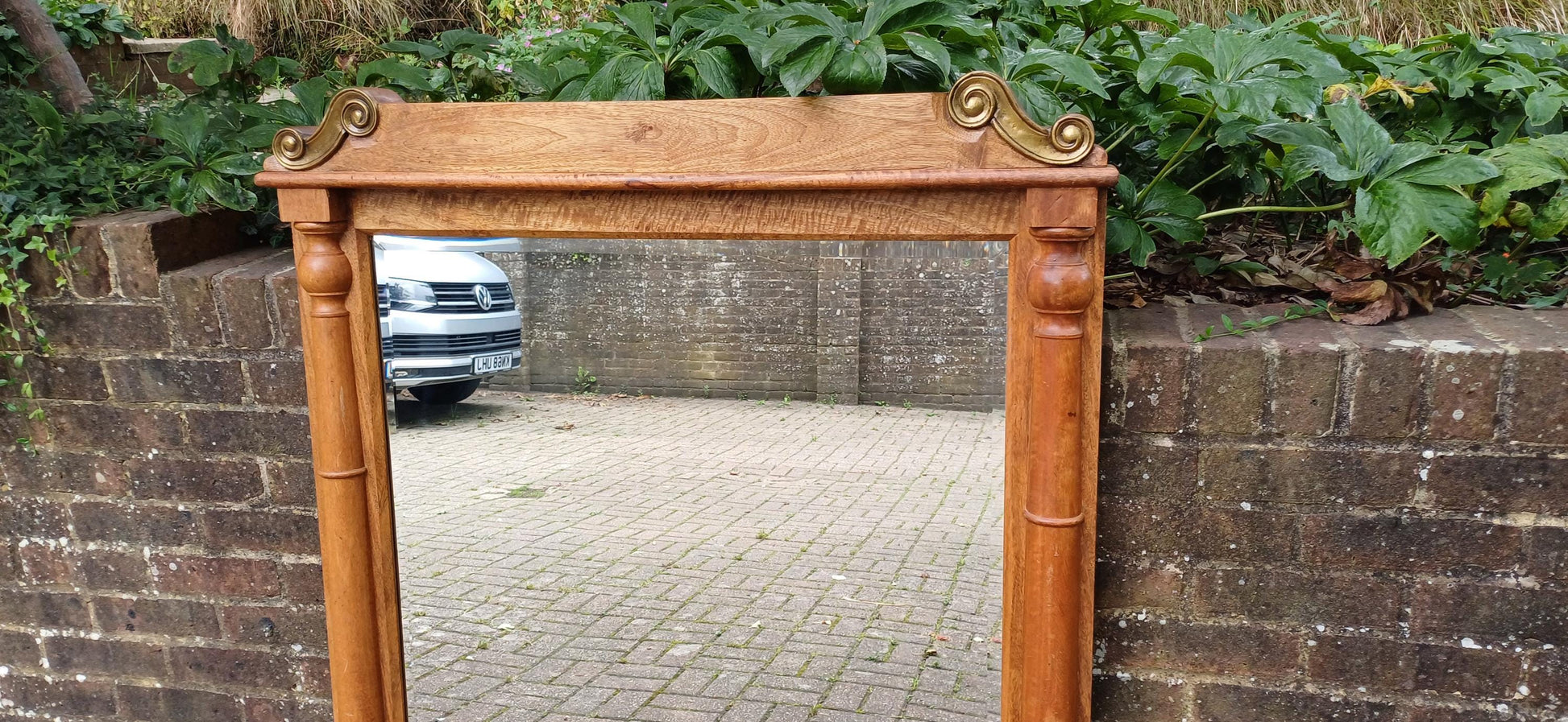 Huge Vintage Chunky French Wood and Brass Over Mantel Mirror Bevelled Glass. 121 x 102 cm