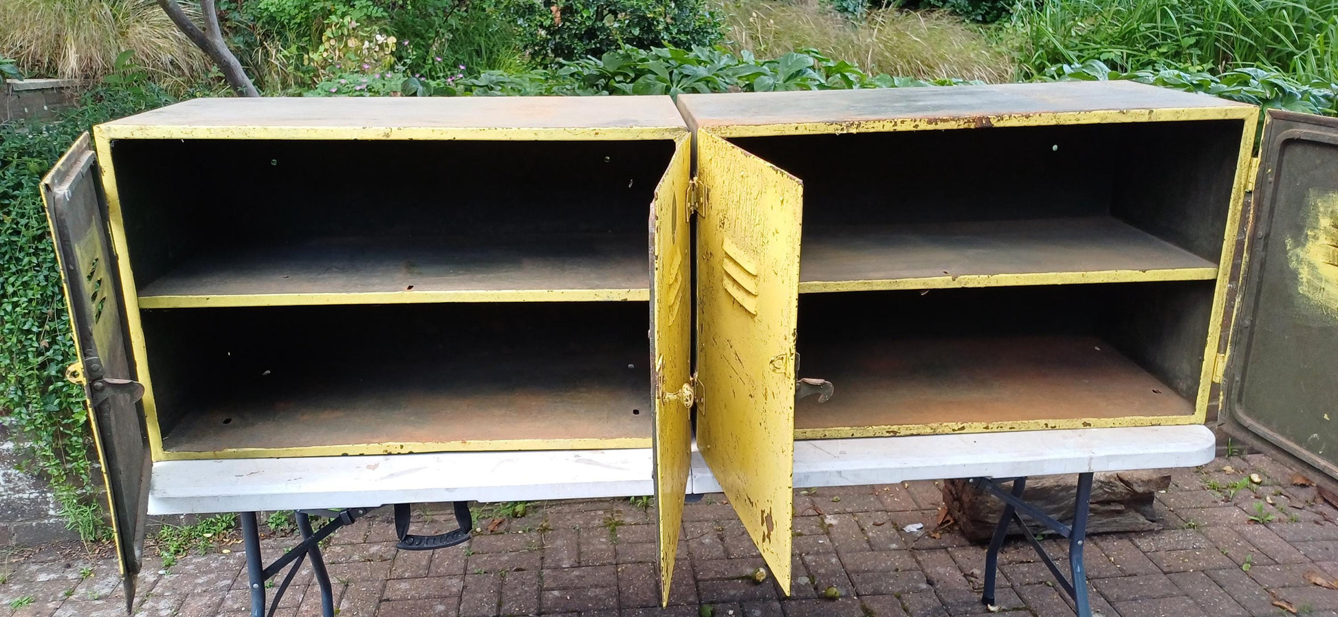 Pair of Industrial Metal Painted Storage Cupboards Project Freestanding or Wall Hanging.
