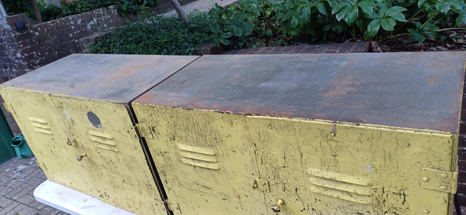Pair of Industrial Metal Painted Storage Cupboards Project Freestanding or Wall Hanging.