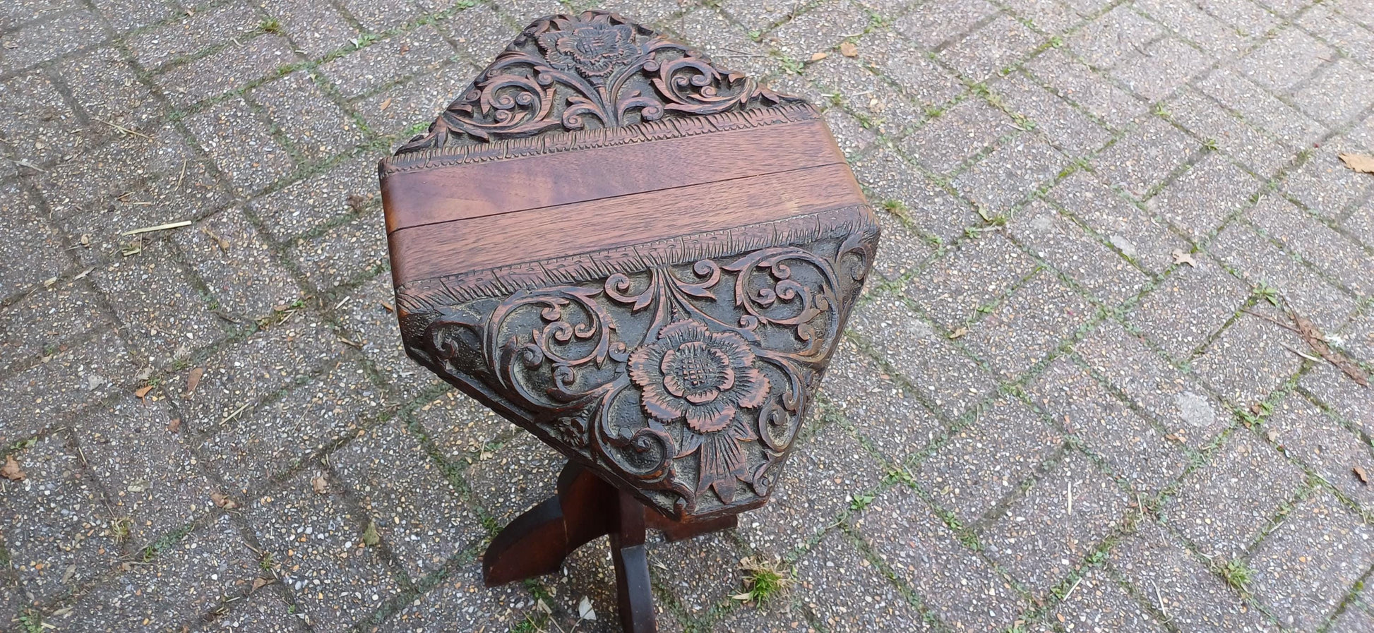 Superbly Deep Carved Vintage Hardwood Stool or Occasional Side Table.