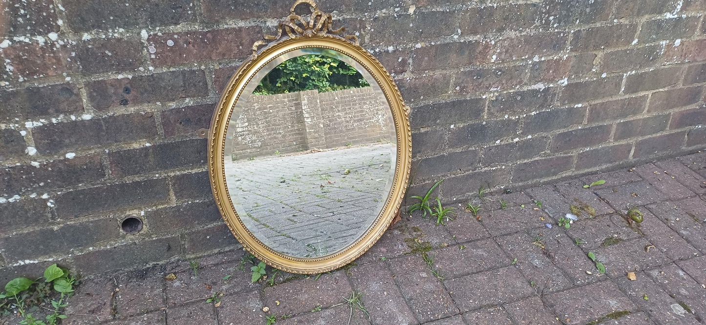 Vintage Late Victorian Gold Gilt Oval Decorative Wall Mirror Ornate Top Decoration