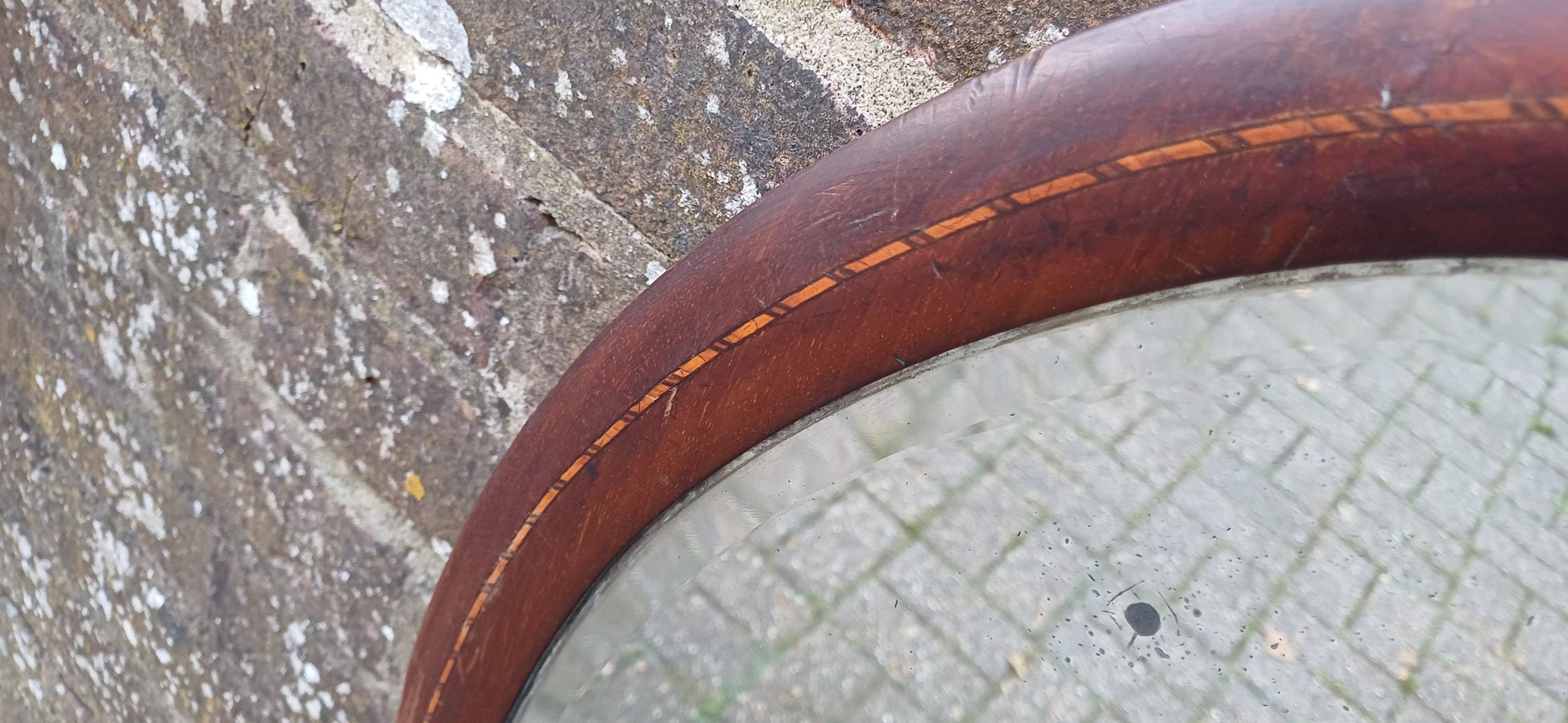 Vintage Inlaid Mahogany Oval Bevelled Mirror. Antique Reflections.