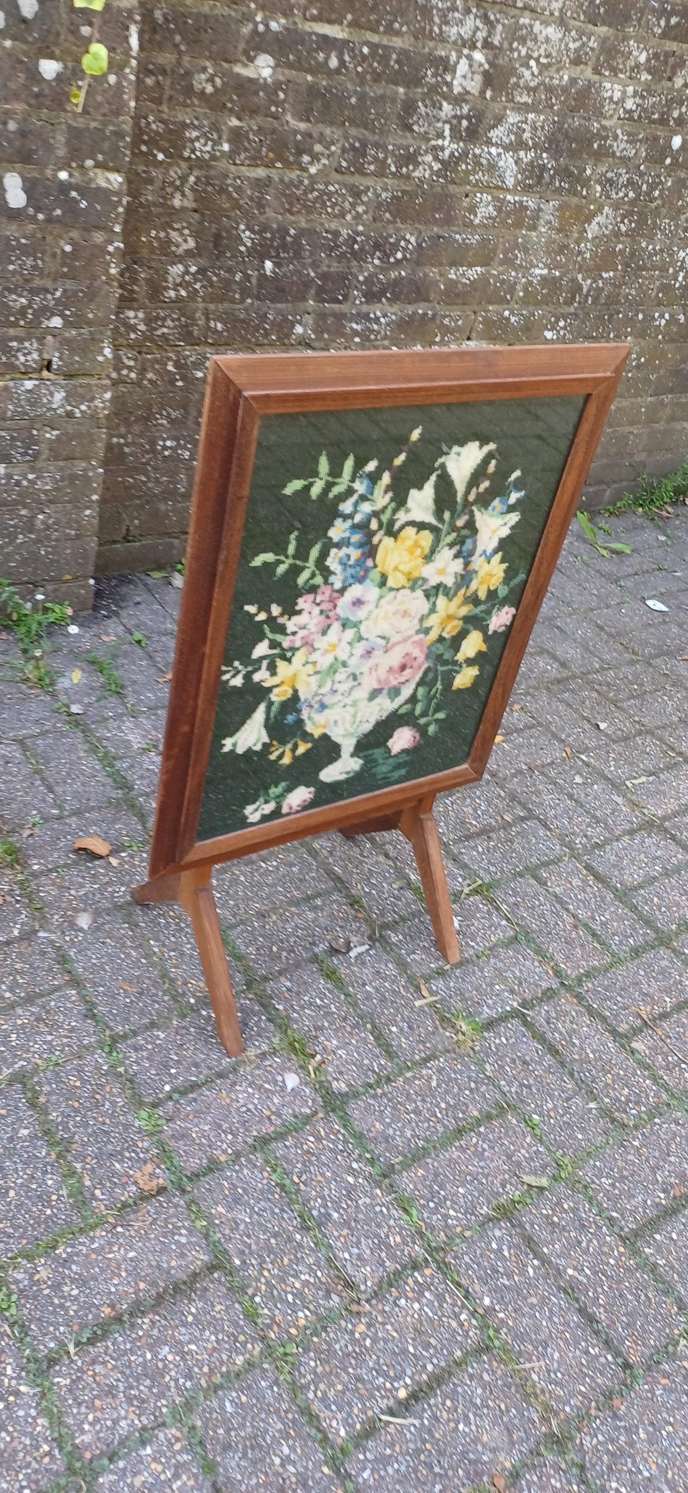 Retro Vintage Mid-Century Folding Fire Screen Guard or Folding Coffee Table with Still Life Tapestry Glazed.