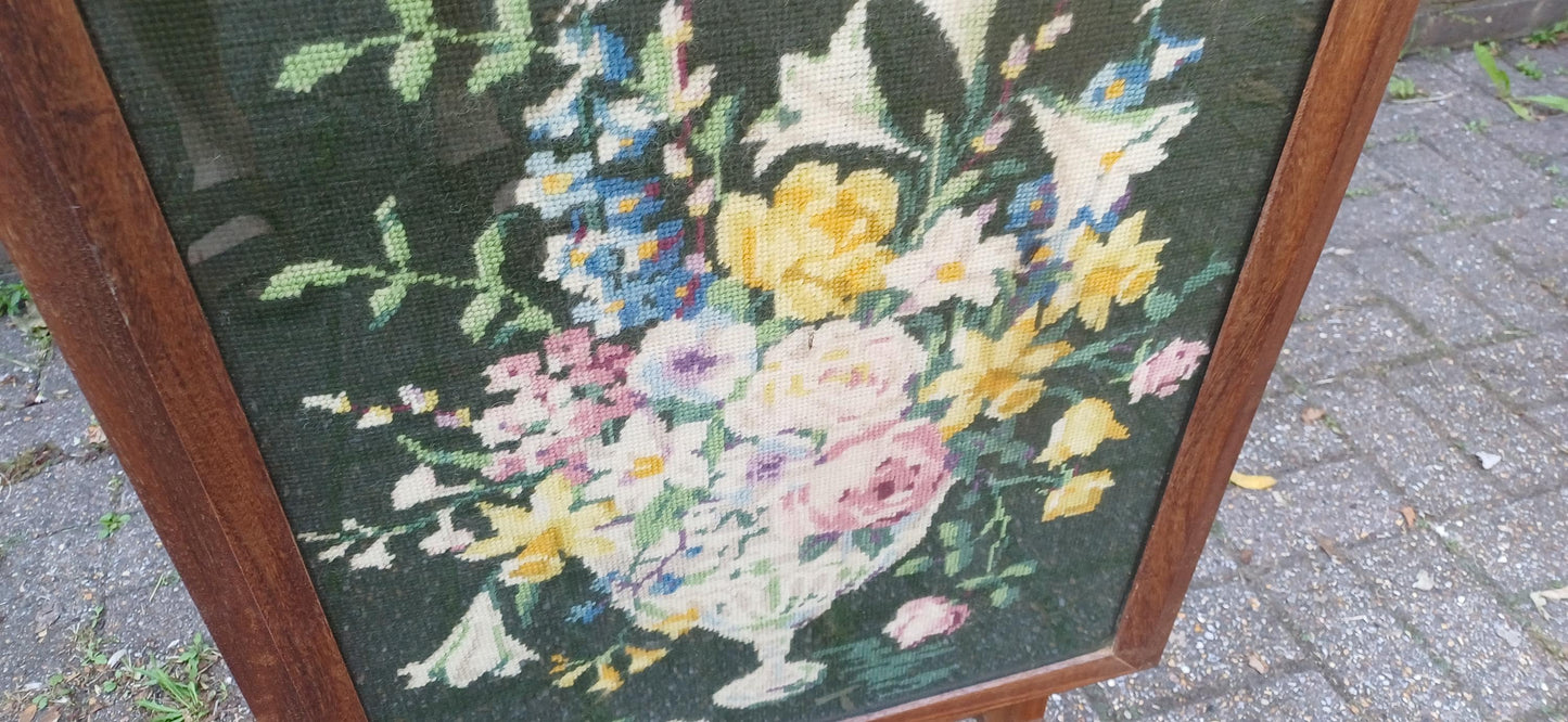 Retro Vintage Mid-Century Folding Fire Screen Guard or Folding Coffee Table with Still Life Tapestry Glazed.