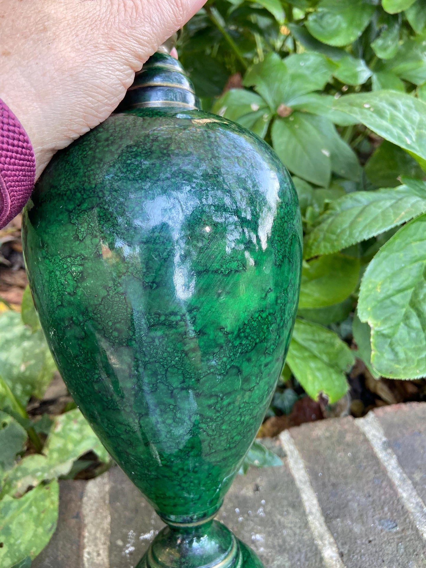 Vintage bottle green marble effect table lamp, classic urn style working wooden table lamp