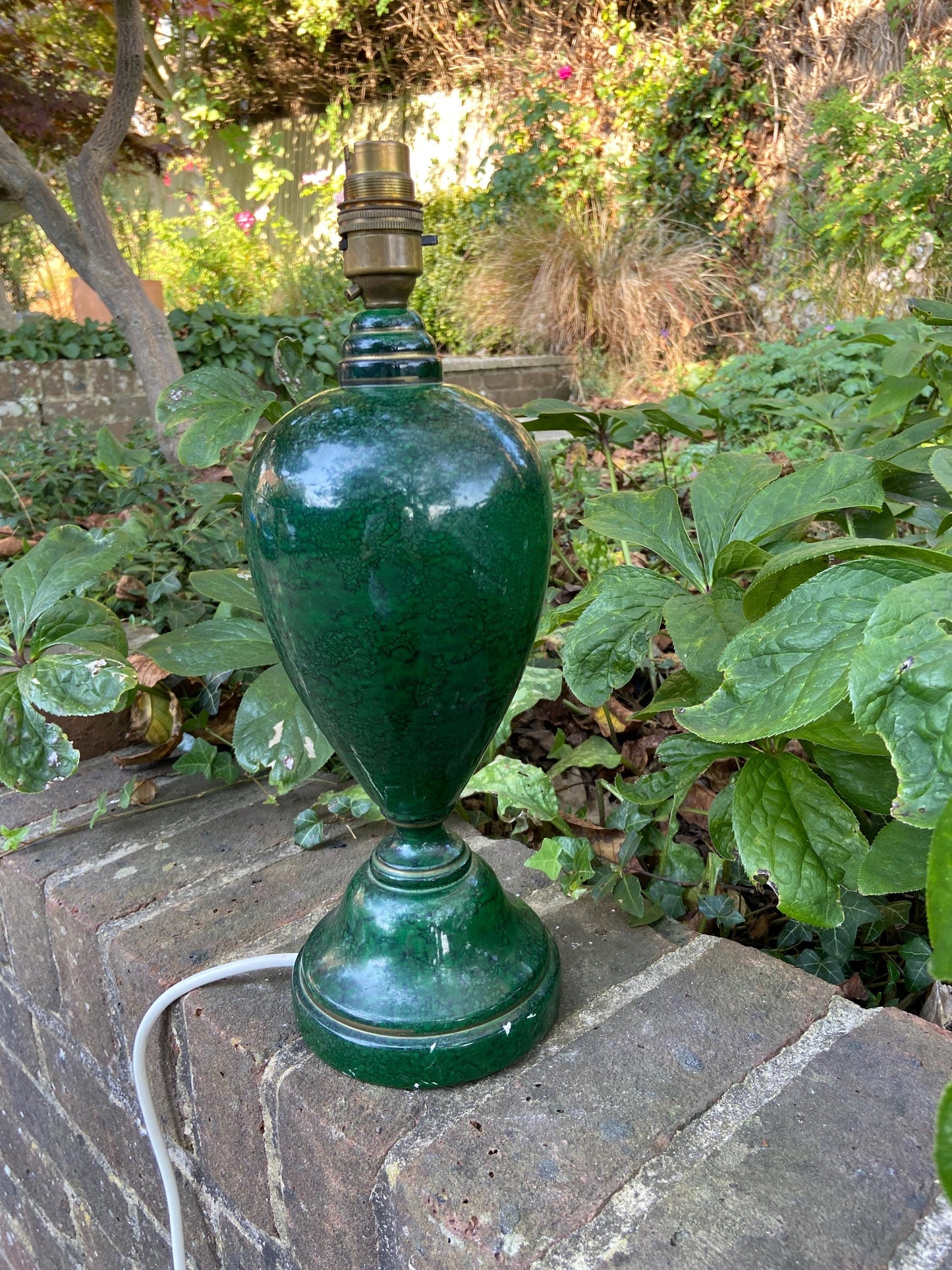 Vintage bottle green marble effect table lamp, classic urn style working wooden table lamp