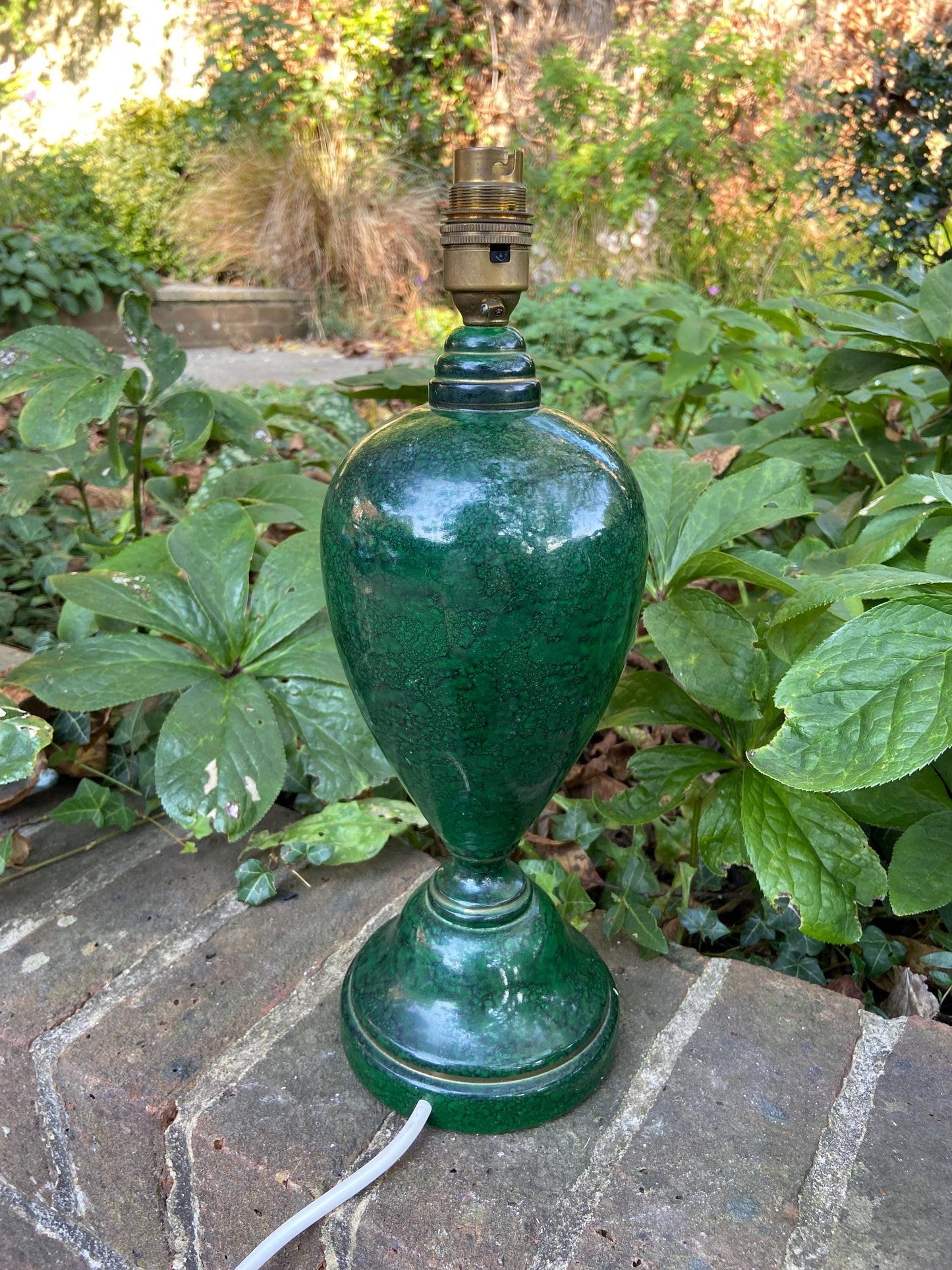 Vintage bottle green marble effect table lamp, classic urn style working wooden table lamp
