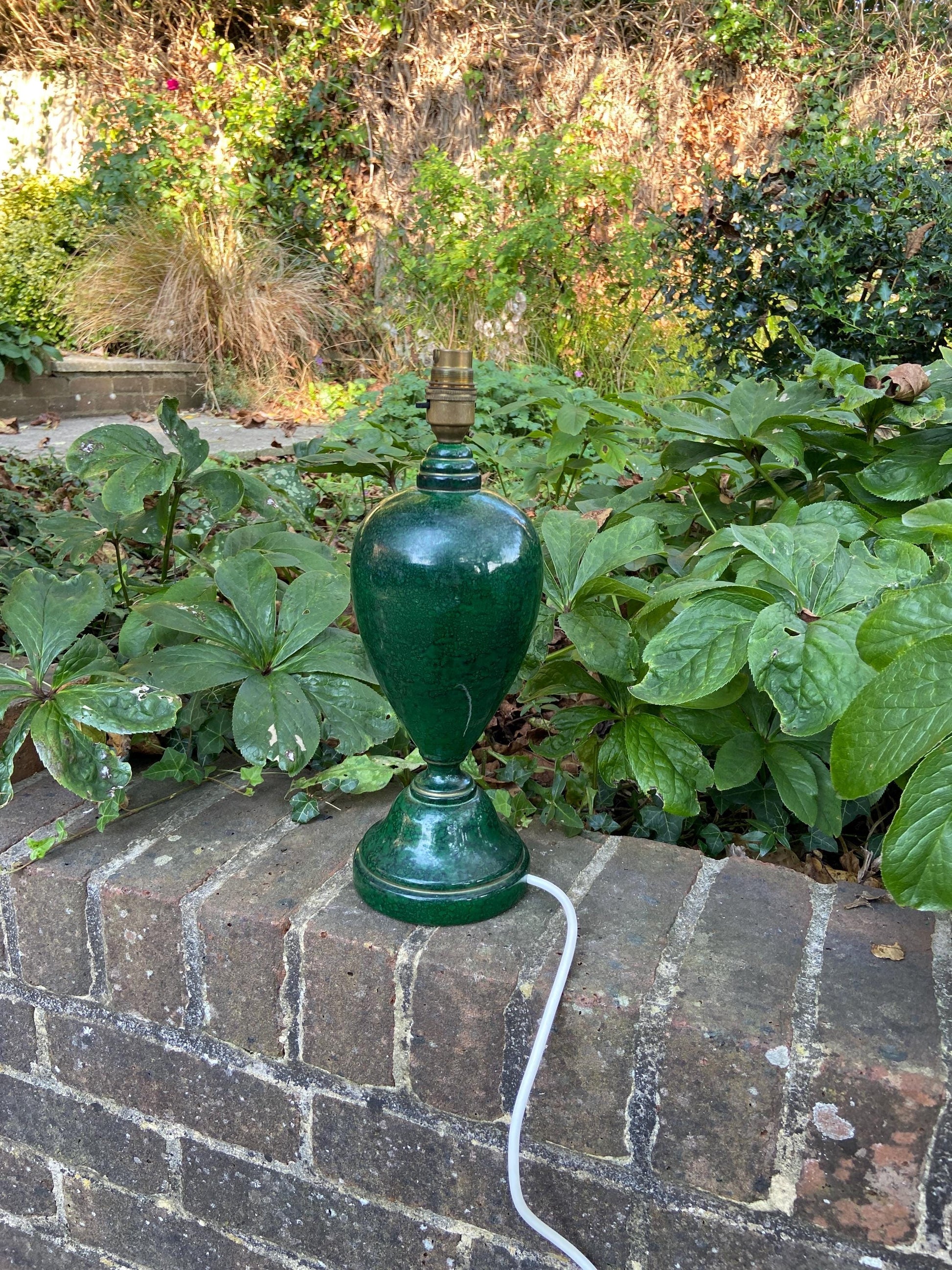 Vintage bottle green marble effect table lamp, classic urn style working wooden table lamp
