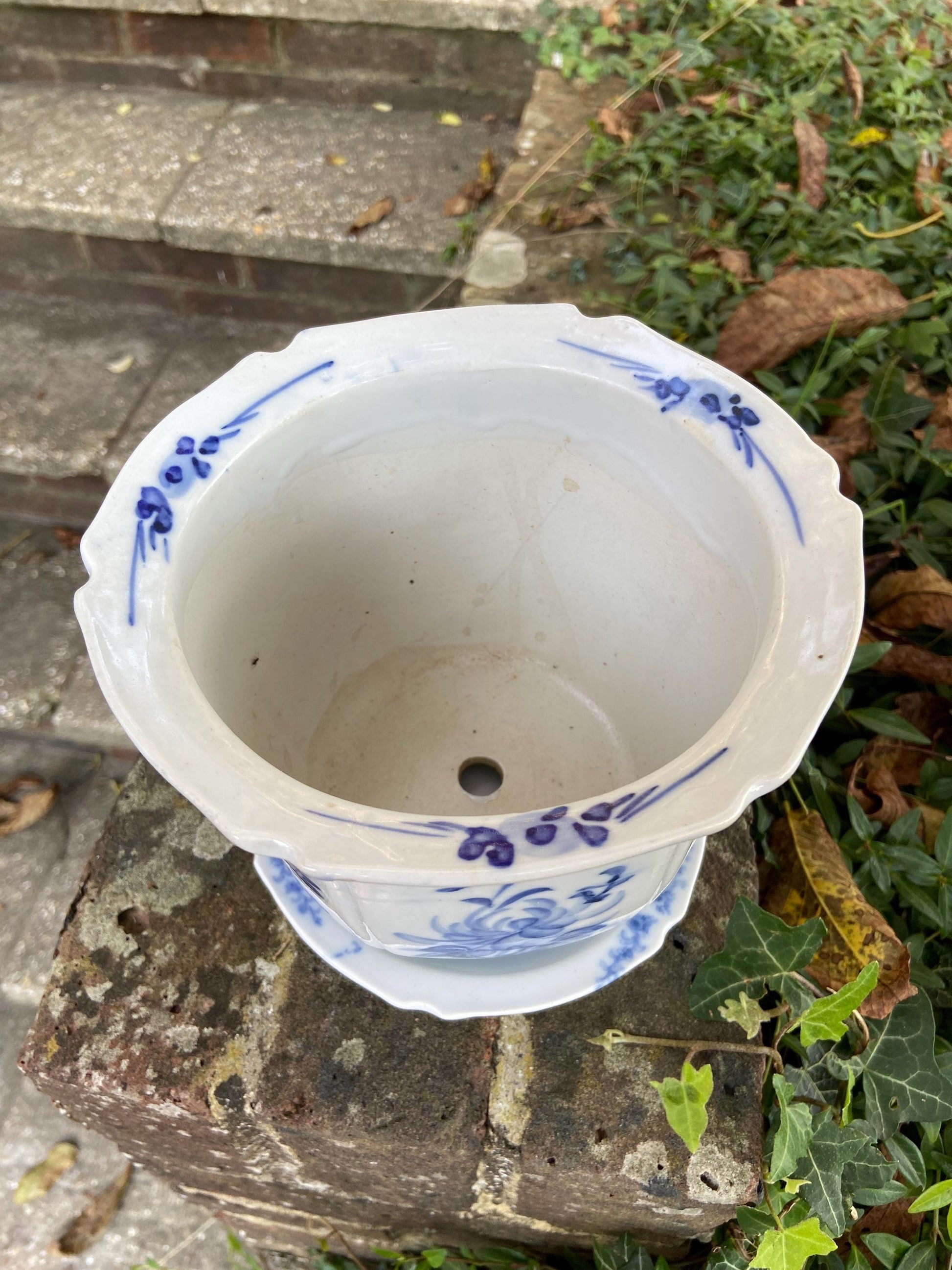 Vintage blue white china planter, hand painted plant pot