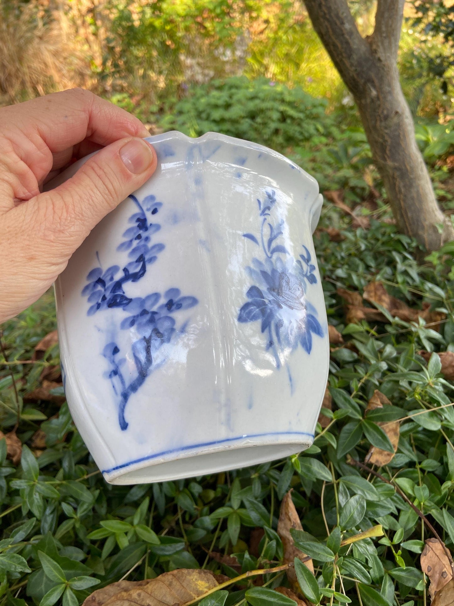 Vintage blue white china planter, hand painted plant pot