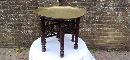 Amazing Wooden Base to this Vintage Benares Brass Coffee or Side Table. Superb Turned Ornate Base.