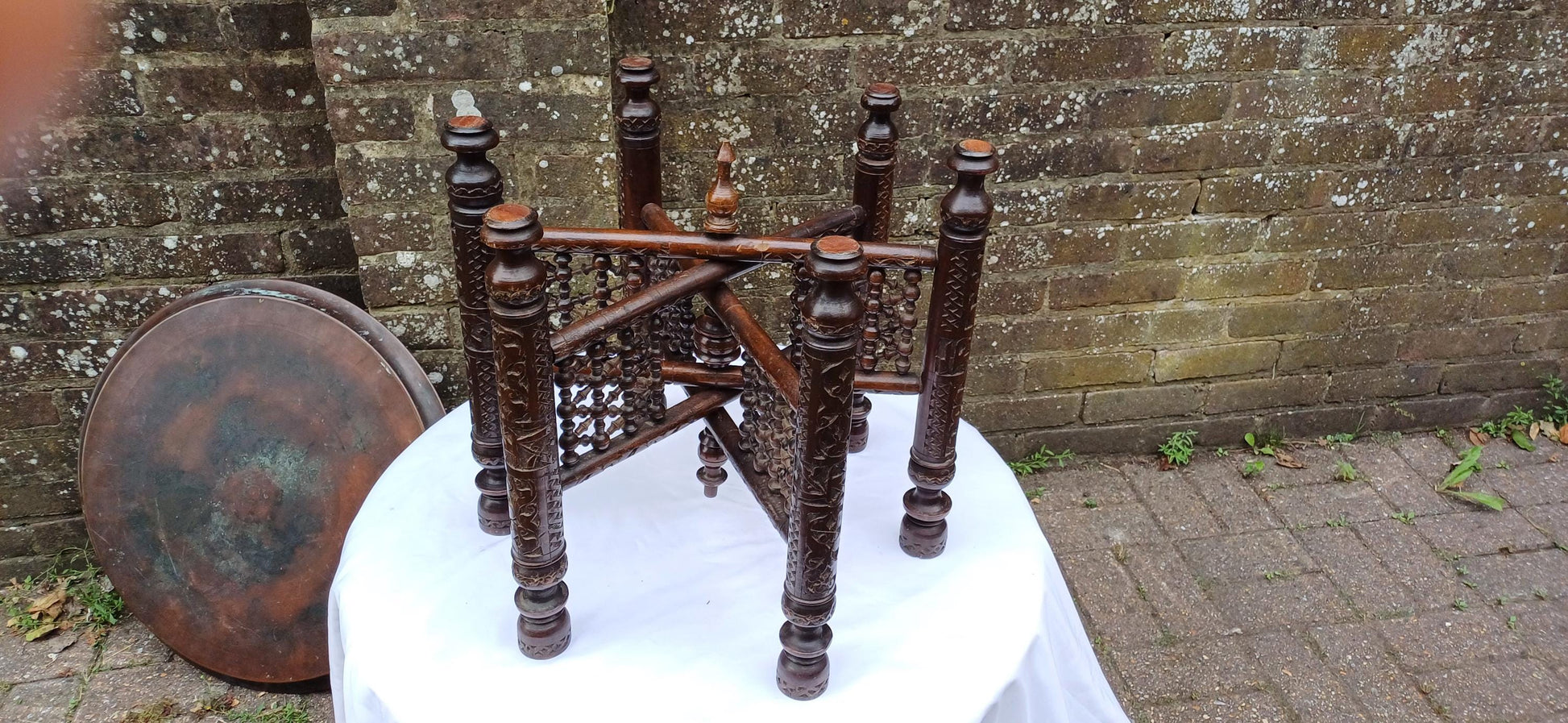 Amazing Wooden Base to this Vintage Benares Brass Coffee or Side Table. Superb Turned Ornate Base.