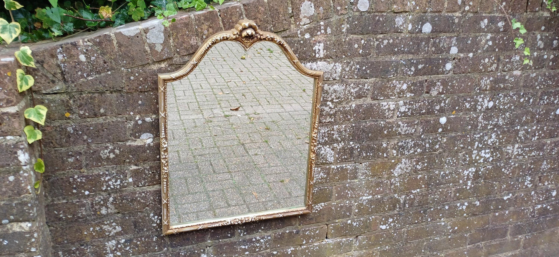 Unique and Charming Detailed Vintage Pre-War Oval Gold and White Highlights Painted Wall Mirror.