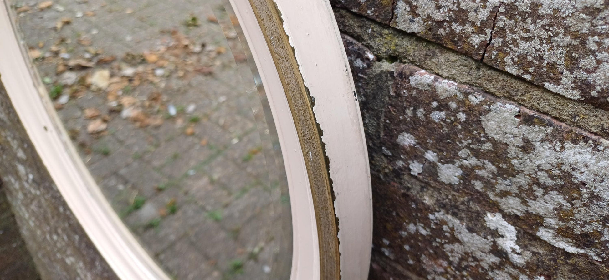 Totally Finish to This Unusual Metal Silver Chrome Brass and Painted Oval Decorative Wall Mirror with Bevelled Glass