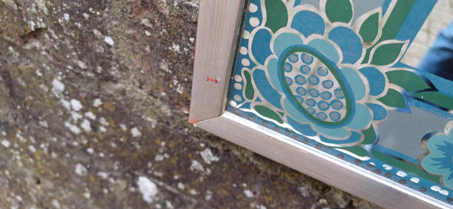 Funky Classic Vintage Retro 70s Wall Mirror ‘Braddell’ Blue Turquoise Flower Decoration.
