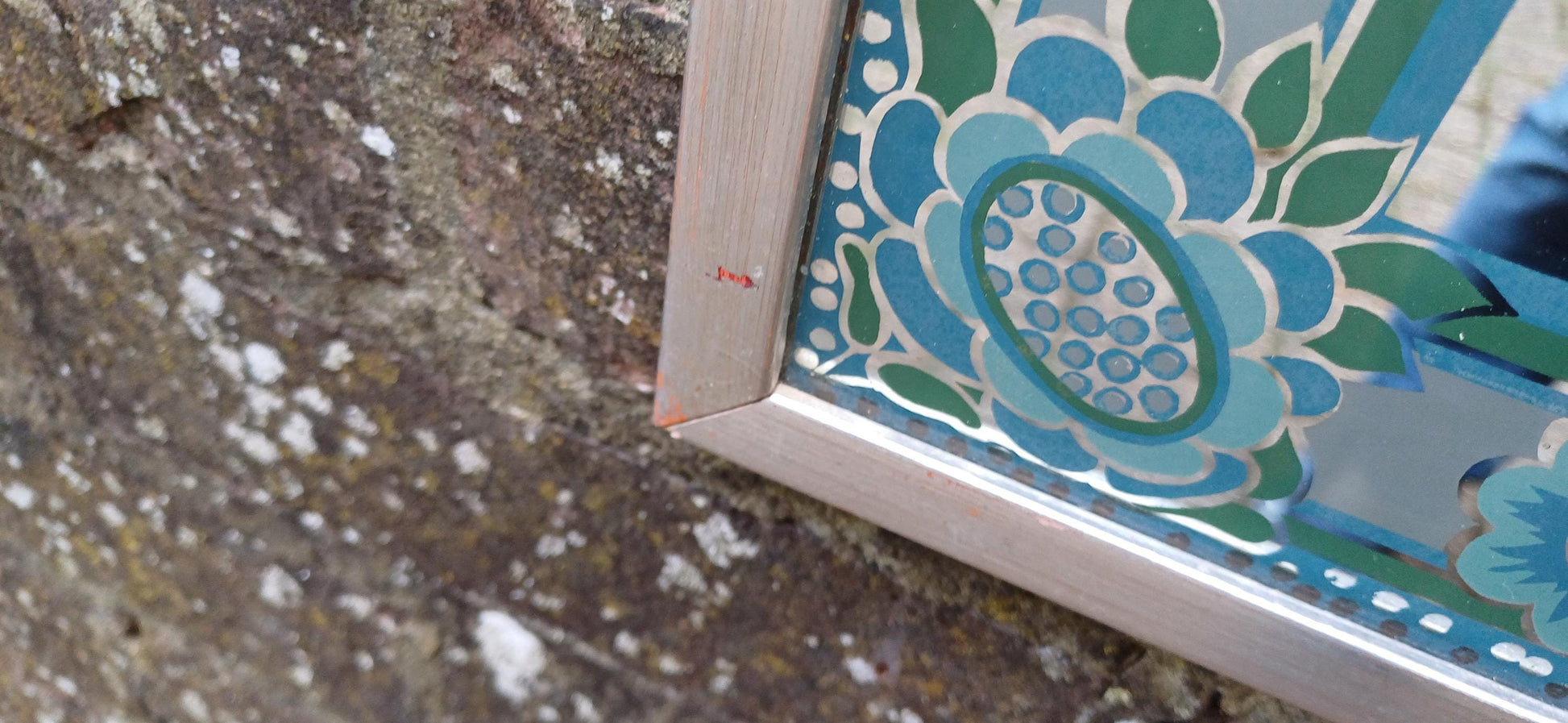 Funky Classic Vintage Retro 70s Wall Mirror ‘Braddell’ Blue Turquoise Flower Decoration.