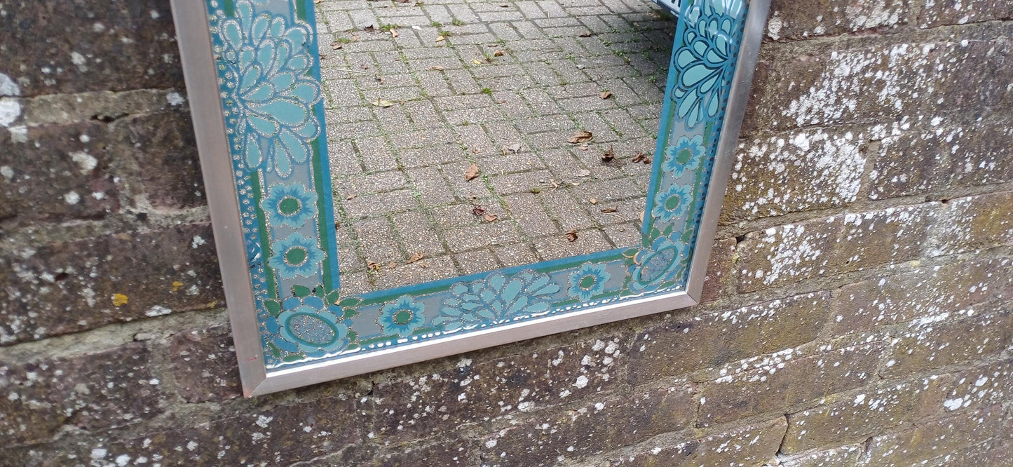Funky Classic Vintage Retro 70s Wall Mirror ‘Braddell’ Blue Turquoise Flower Decoration.