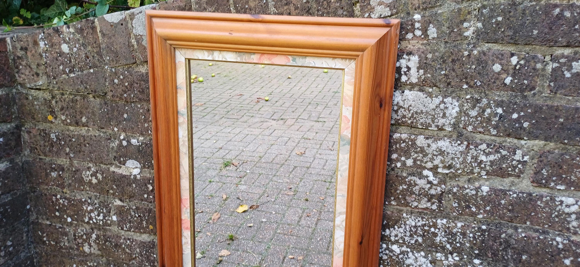 Large Classic Vintage 80s Pine Wall Mirror with Floral Flower Inset 77 x 46 cm