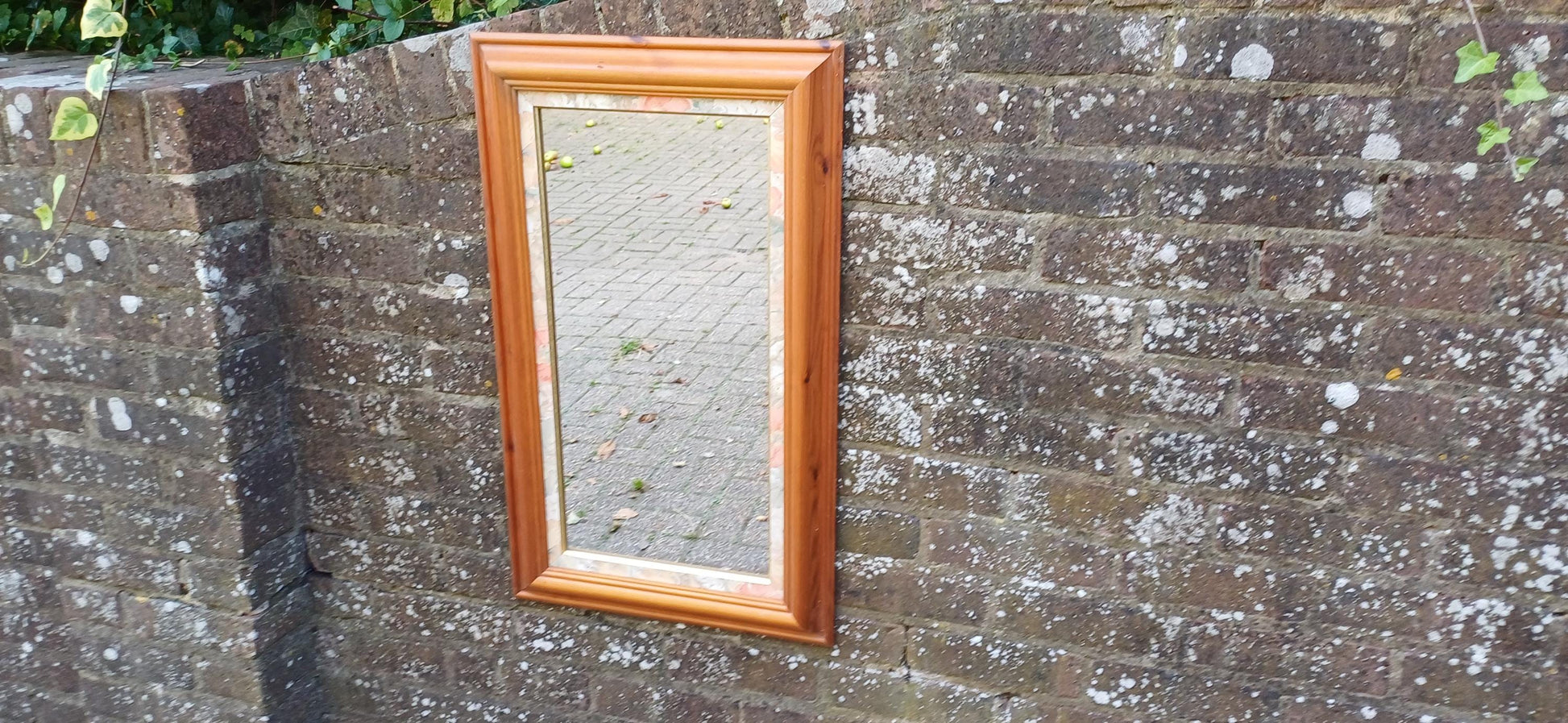 Large Classic Vintage 80s Pine Wall Mirror with Floral Flower Inset 77 x 46 cm