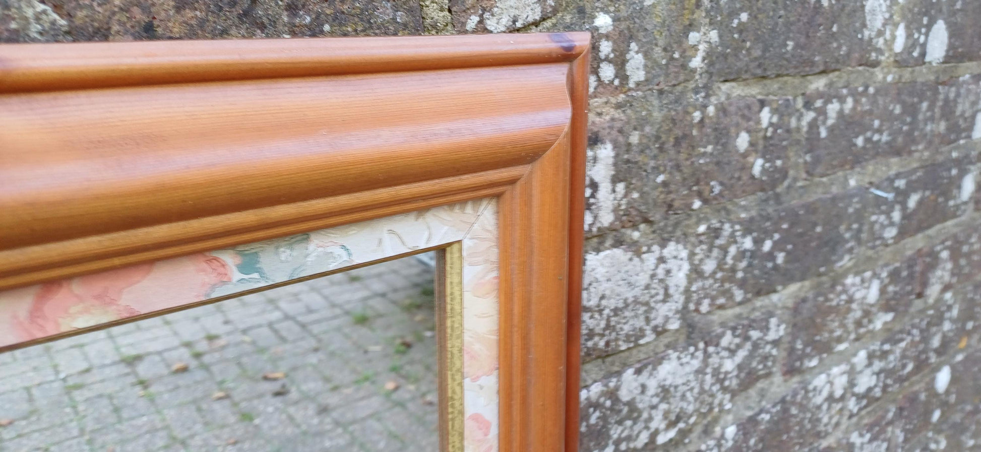 Large Classic Vintage 80s Pine Wall Mirror with Floral Flower Inset 77 x 46 cm