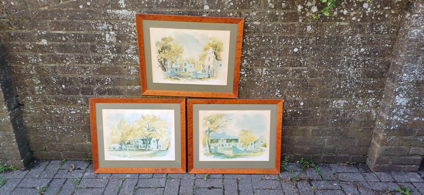 Three Huge Walnut Frames with John Cullingworth Vintage South Africa Watercolour Prints Country Houses including Mounts 67 X 58 cm