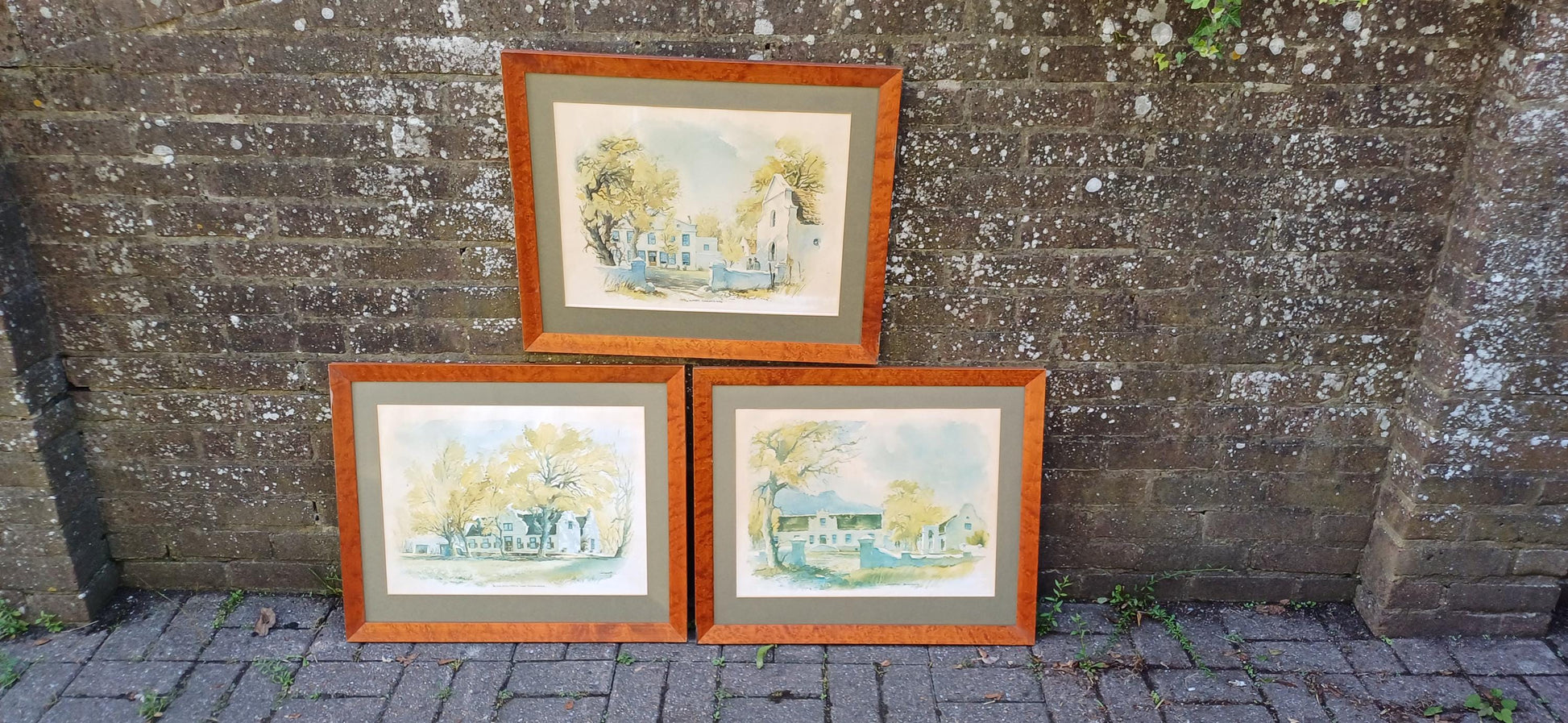 Three Huge Walnut Frames with John Cullingworth Vintage South Africa Watercolour Prints Country Houses including Mounts 67 X 58 cm