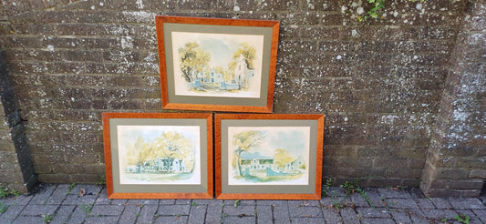 Three Huge Walnut Frames with John Cullingworth Vintage South Africa Watercolour Prints Country Houses including Mounts 67 X 58 cm