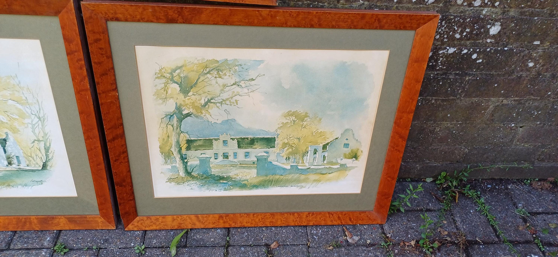 Three Huge Walnut Frames with John Cullingworth Vintage South Africa Watercolour Prints Country Houses including Mounts 67 X 58 cm