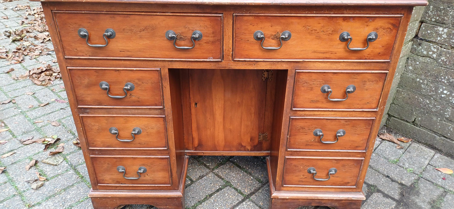 Compact Vintage Classic 70s Yew Wood Knee Hole Desk 8 Drawers Free Hand Delivery.=
