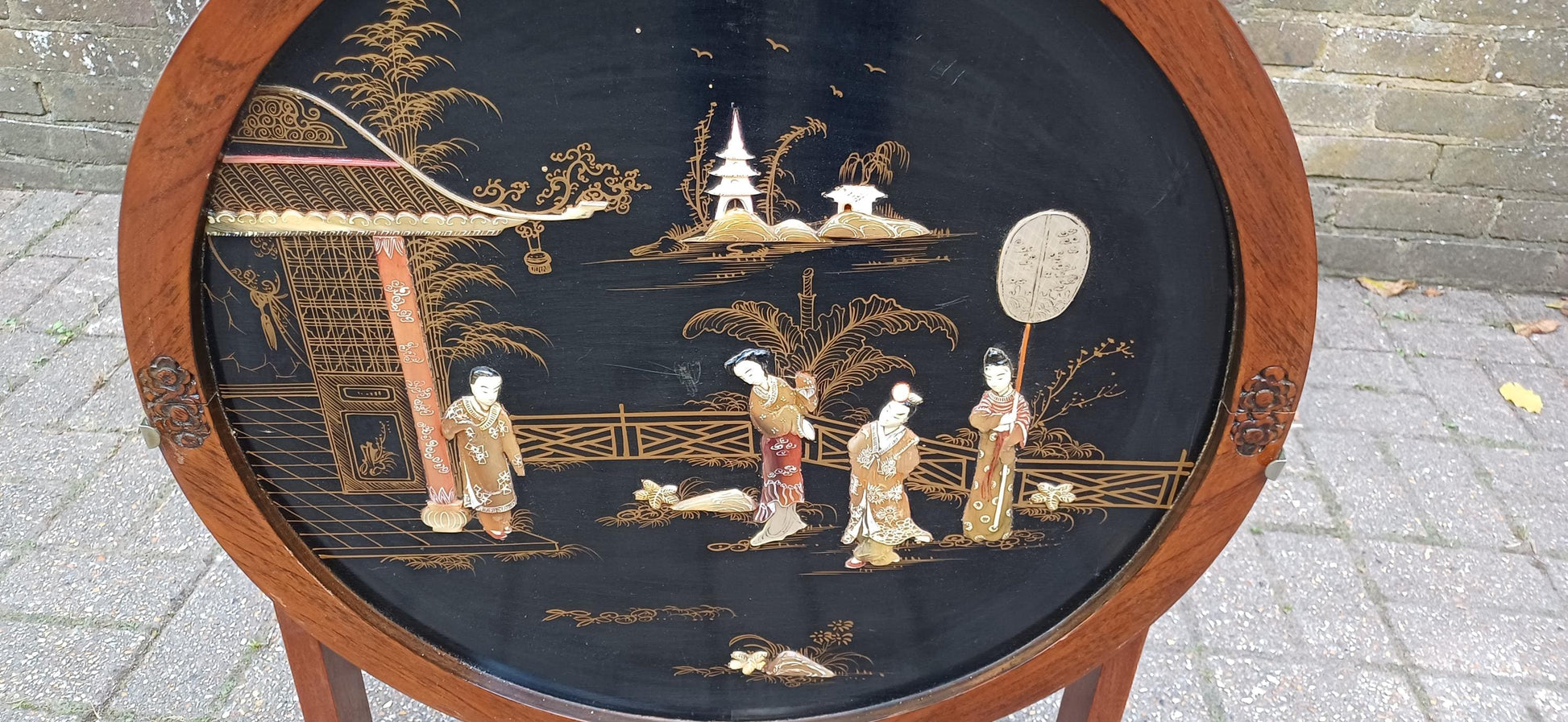 Unusual Early to Mid Vintage Oak Oriental Coffee Table and Folding Fire Screen Hand Created Decoration. Free Hand Delivery.