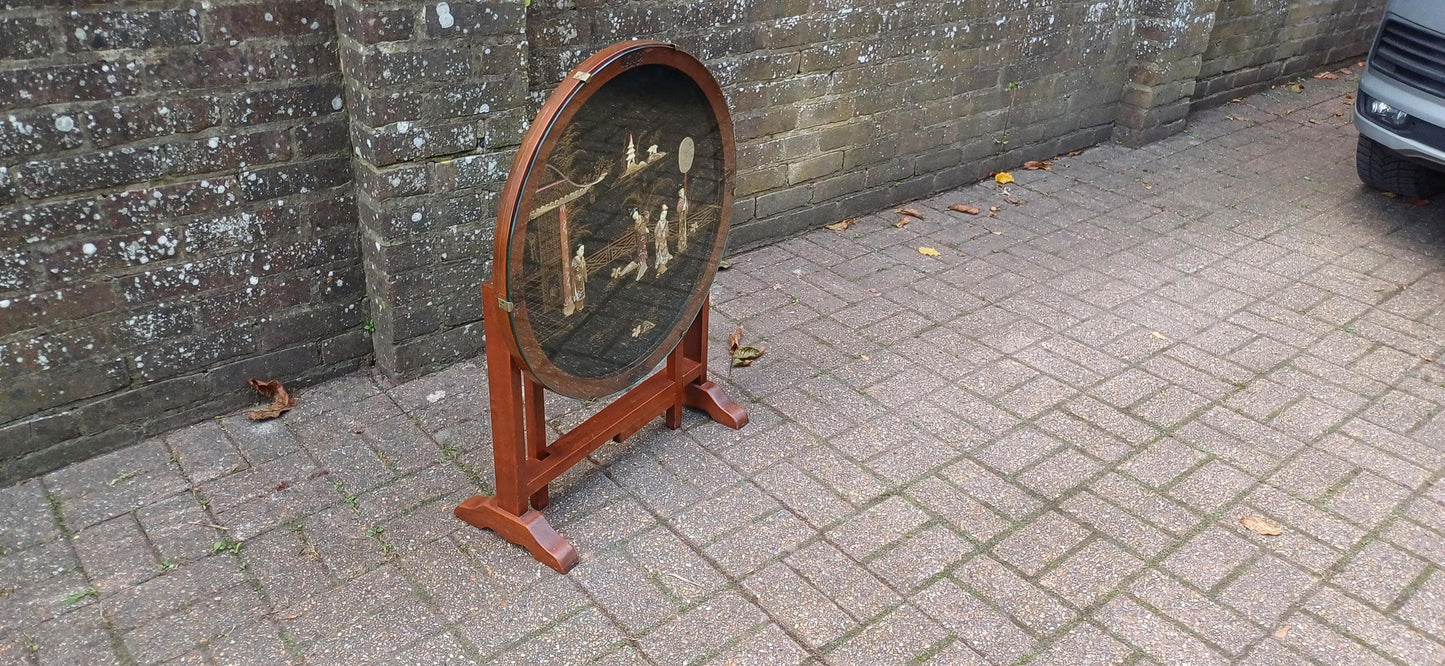 Unusual Early to Mid Vintage Oak Oriental Coffee Table and Folding Fire Screen Hand Created Decoration. Free Hand Delivery.