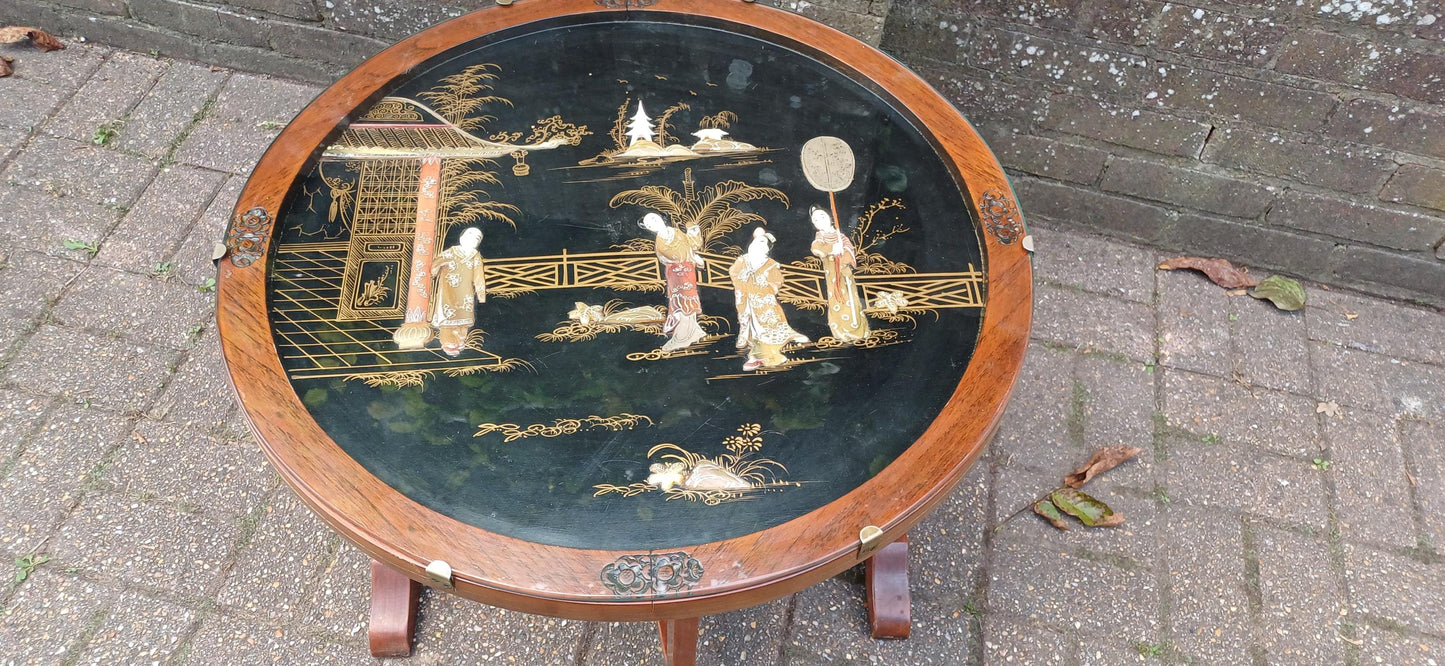 Unusual Early to Mid Vintage Oak Oriental Coffee Table and Folding Fire Screen Hand Created Decoration. Free Hand Delivery.