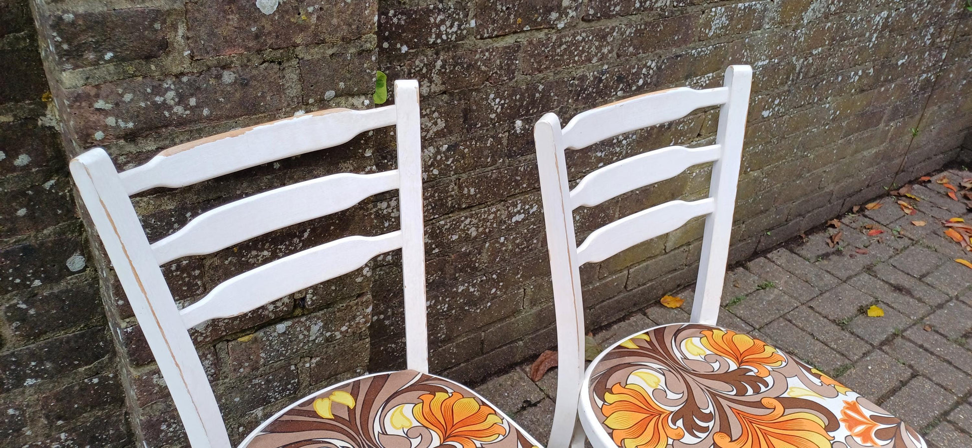 Pair of Vintage Retro 70s Painted Shabby Chic Kitchen Chairs Newly Upholstered.