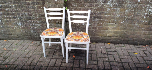 Pair of Vintage Retro 70s Painted Shabby Chic Kitchen Chairs Newly Upholstered.