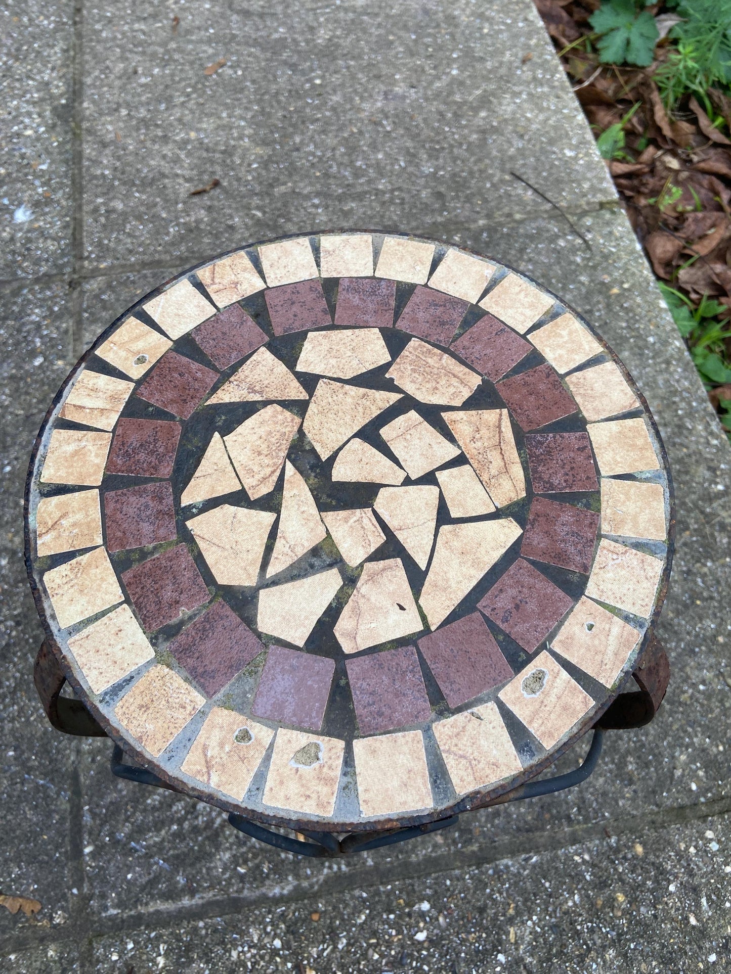 Vintage small to medium sized wrought iron metal table with tiled mosaic top - indoor or outdoor plant stand