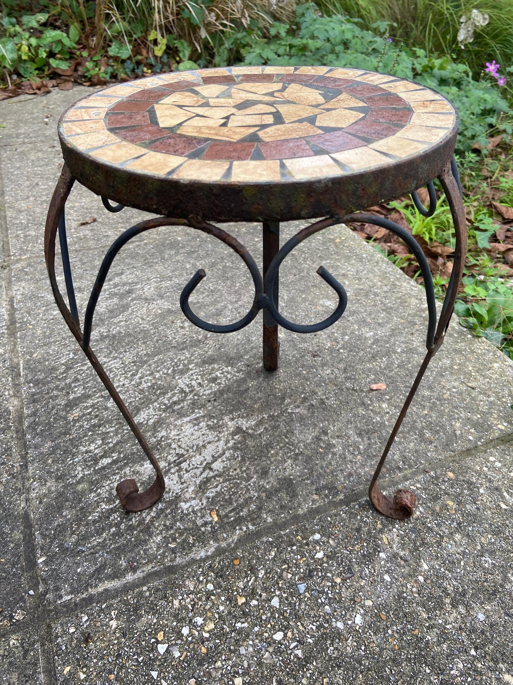 Vintage small to medium sized wrought iron metal table with tiled mosaic top - indoor or outdoor plant stand