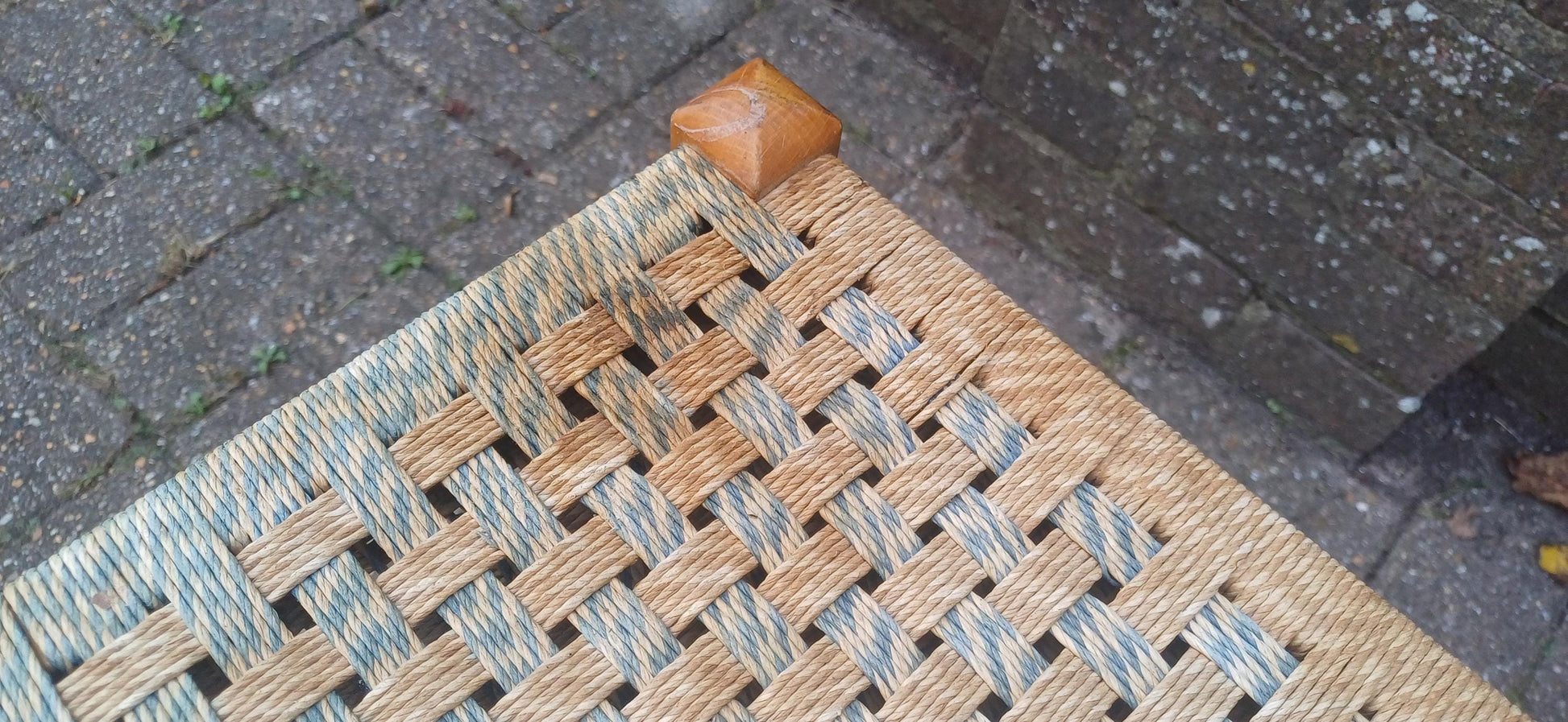 Tall Retro Vintage Woven String Strung Beech Framed Stool Age Worn