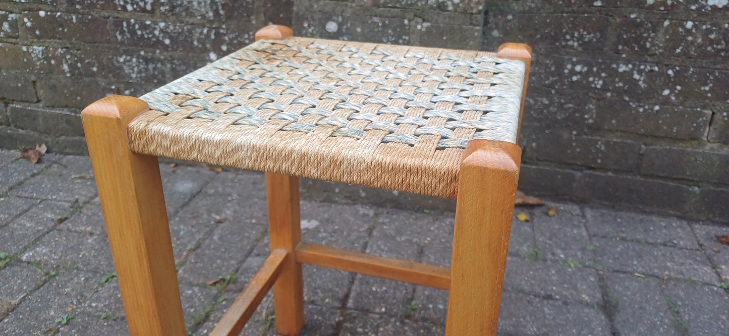 Tall Retro Vintage Woven String Strung Beech Framed Stool Age Worn