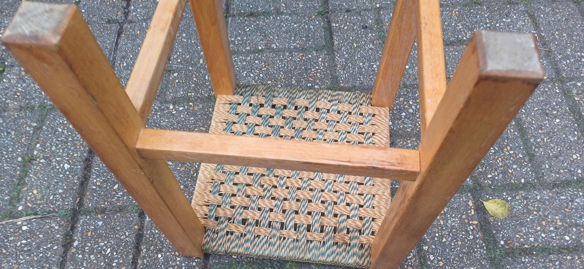 Tall Retro Vintage Woven String Strung Beech Framed Stool Age Worn