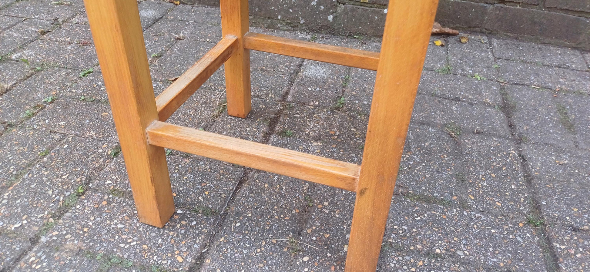 Tall Retro Vintage Woven String Strung Beech Framed Stool Age Worn