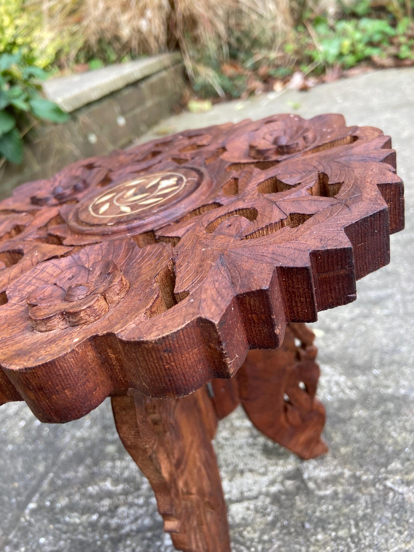 Dinky carved vintage wooden table, folding table, plant stand