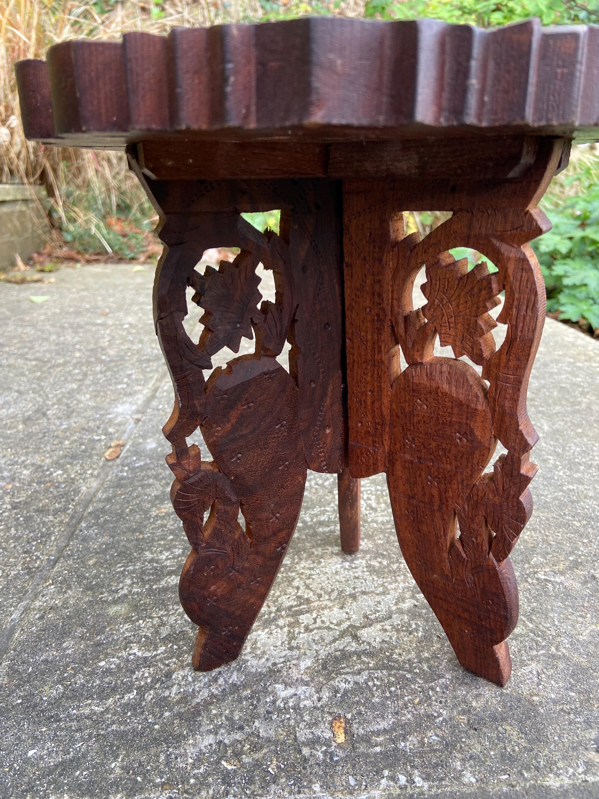 Dinky carved vintage wooden table, folding table, plant stand